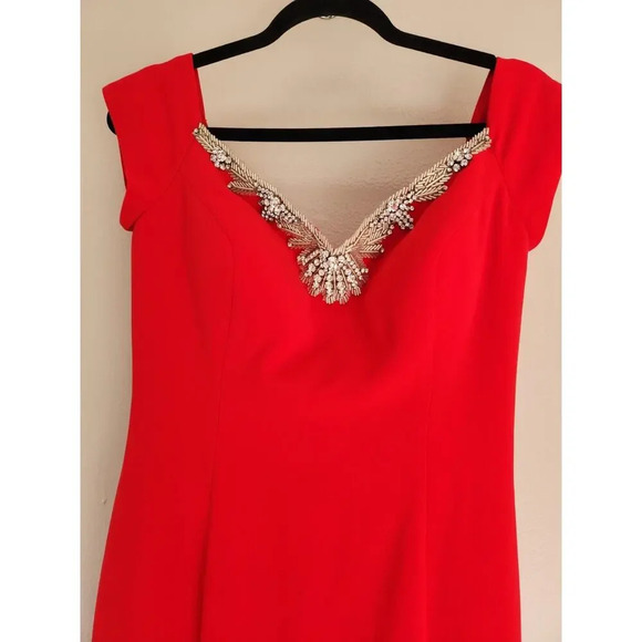 Mikael Aghal Mermaid V-neck Embellished Gown Maxi Dress Size 6 Red #1J403 - Picture 5 of 12